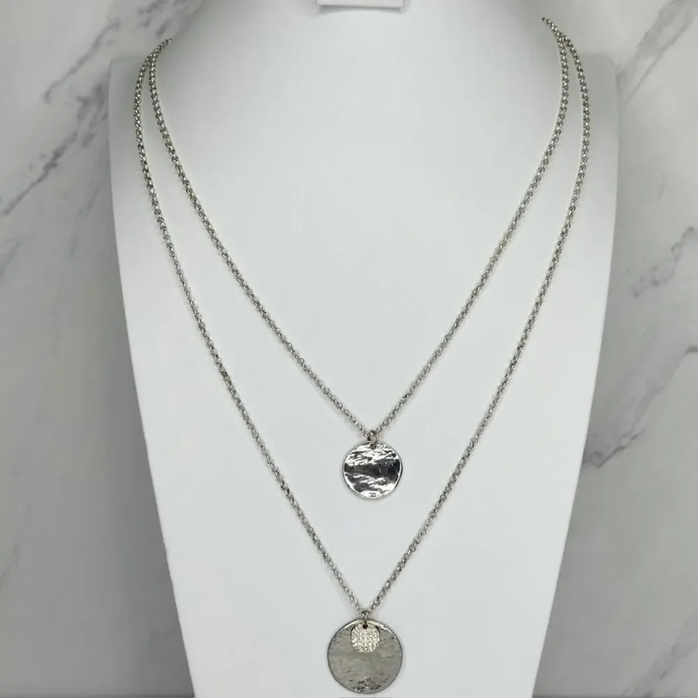 Chico's Layered Hammered Disc Rhinestone Silver Long Necklace ✨